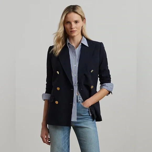 NWT Lauren Ralph Lauren Navy Double-Breasted Wool Crepe Blazer size 16 - Picture 1 of 12